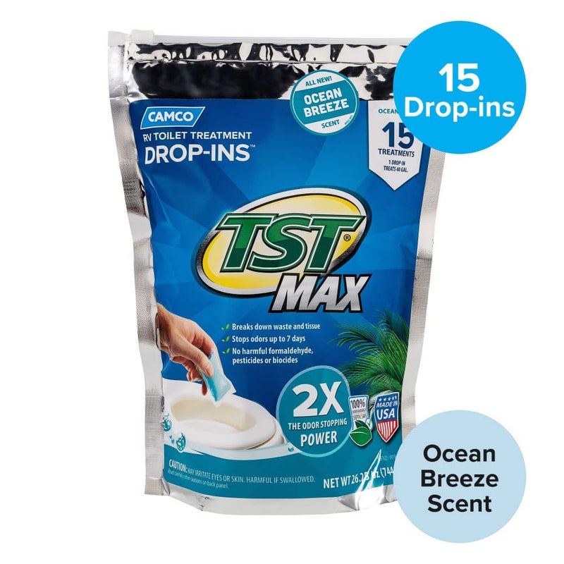 Camco كامكو TST MAX علاج مرحاض RV - التحكم في الروائح غير المرغوب فيها وتفكيك النفايات والأنسجة - آمن لخزانات الصرف الصحي - رائحة نسيم المحيط - 15 حزمة (41614) - Image 3